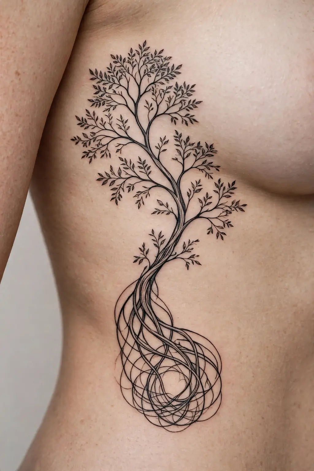 Flowing ribcage tree of life tattoo curving along the ribs