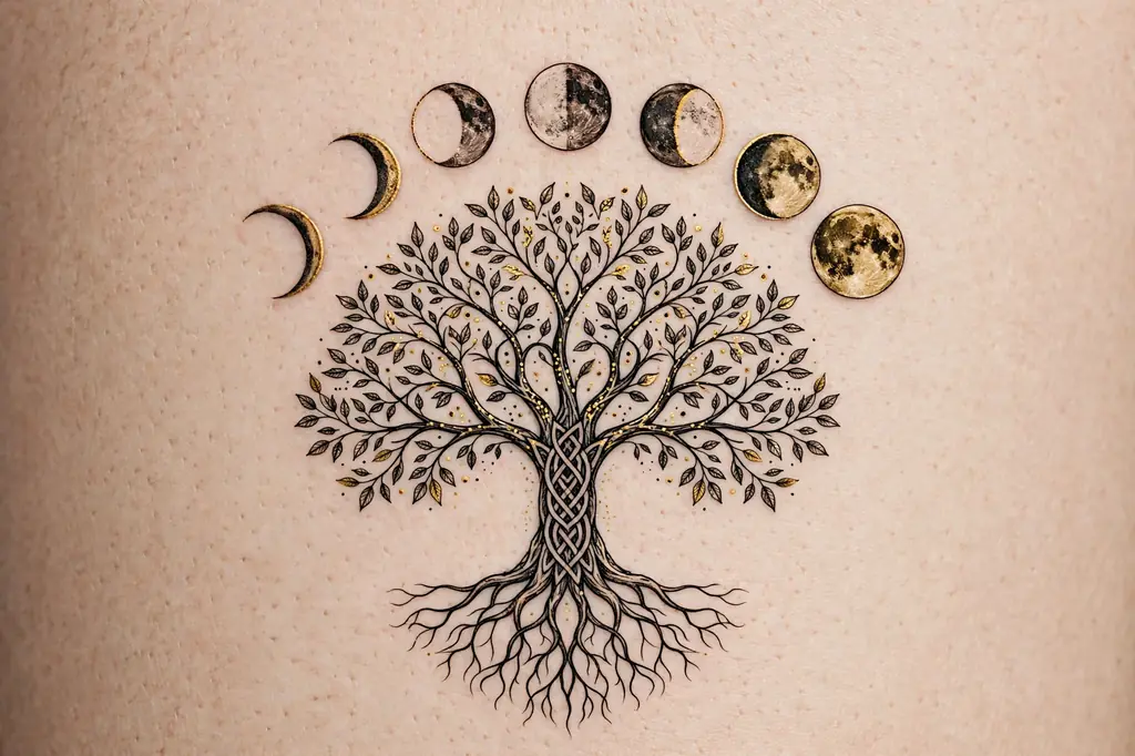 Tree of life tattoo with an arc of moon phases above its branches