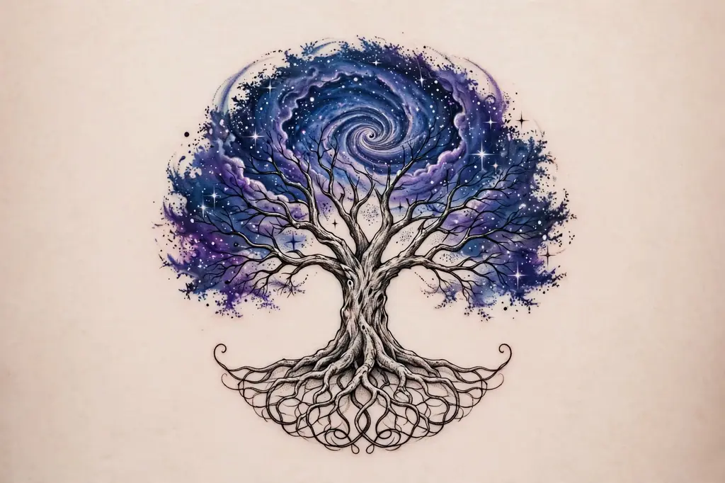 Tree of life tattoo with stars and a galaxy swirl in its canopy