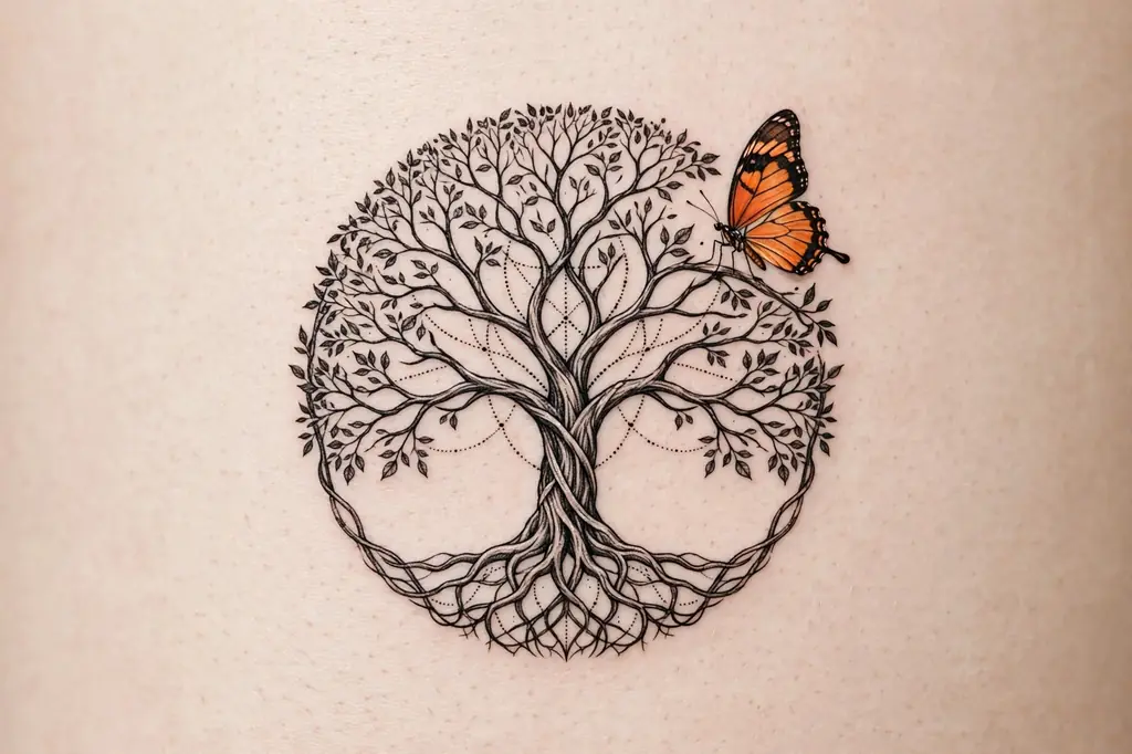 Tree of life tattoo with a butterfly resting on a branch