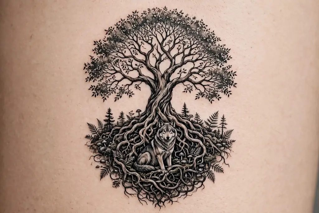 Tree of life tattoo with a wolf sitting guard at its roots