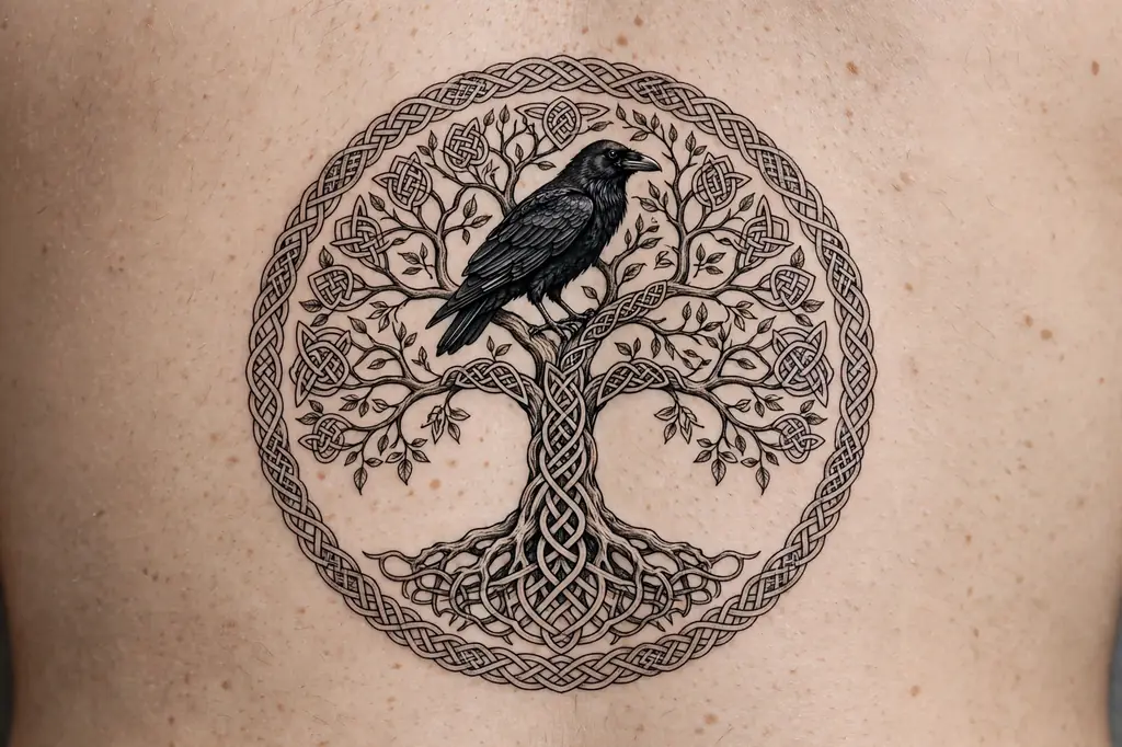 Tree of life tattoo with a black raven perched in its branches