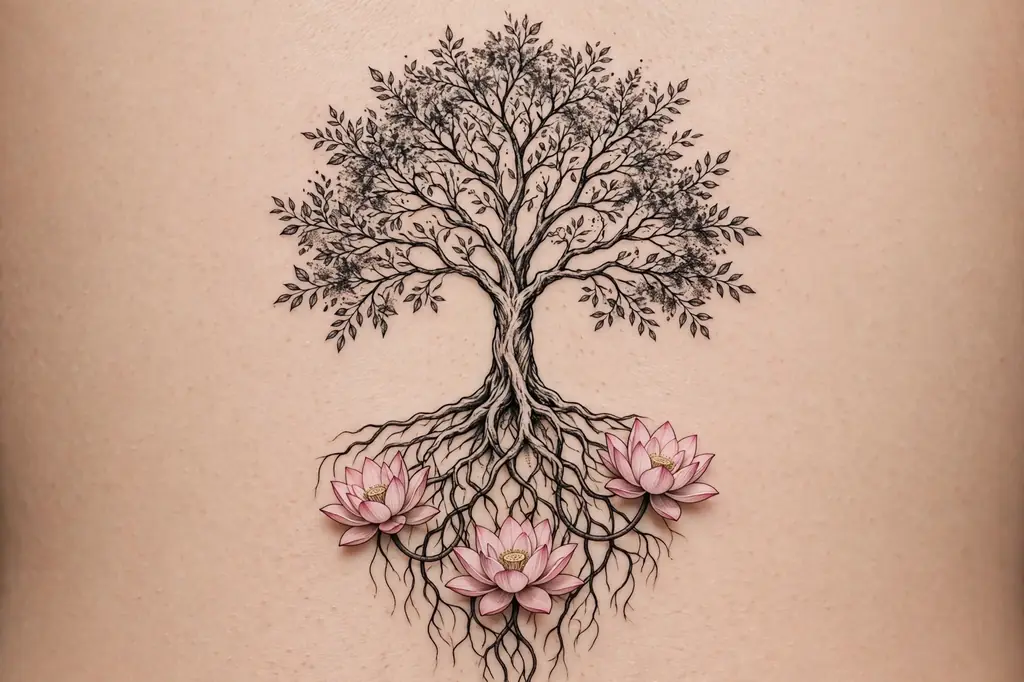 Tree of life tattoo with lotus flowers growing from its roots