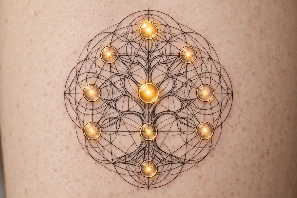 Kabbalah tree of life tattoo with ten spheres connected by paths