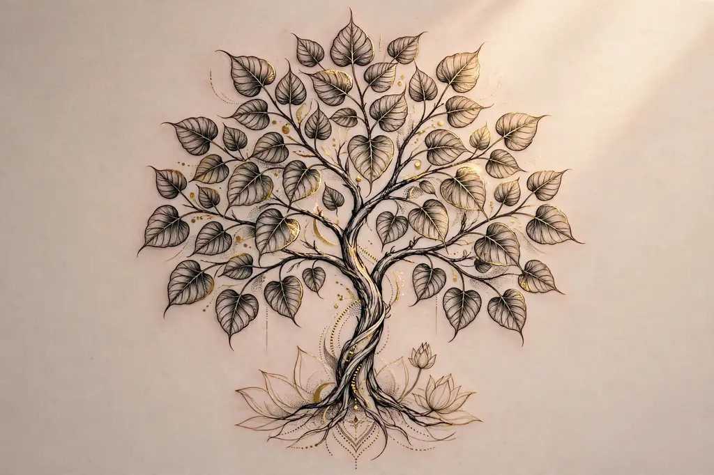Bodhi meditation tree of life tattoo with soft golden light