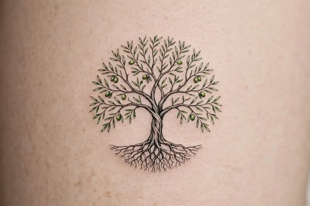 Olive tree of life tattoo with olive branches and small olives