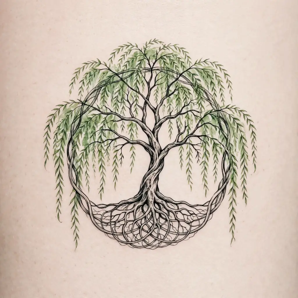 Weeping willow tree of life tattoo with long drooping branches
