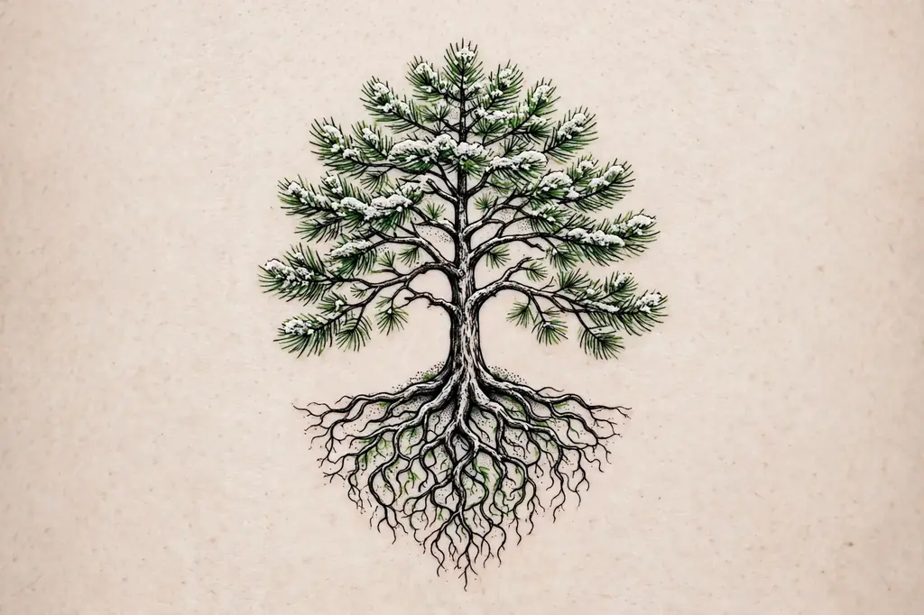 Evergreen pine tree of life tattoo with snow-dusted branches and deep roots