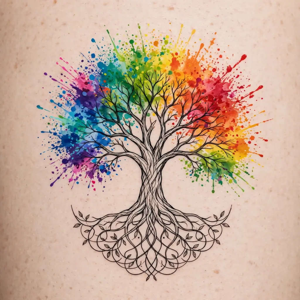 Rainbow colour burst tree of life tattoo with a vibrant multicoloured canopy