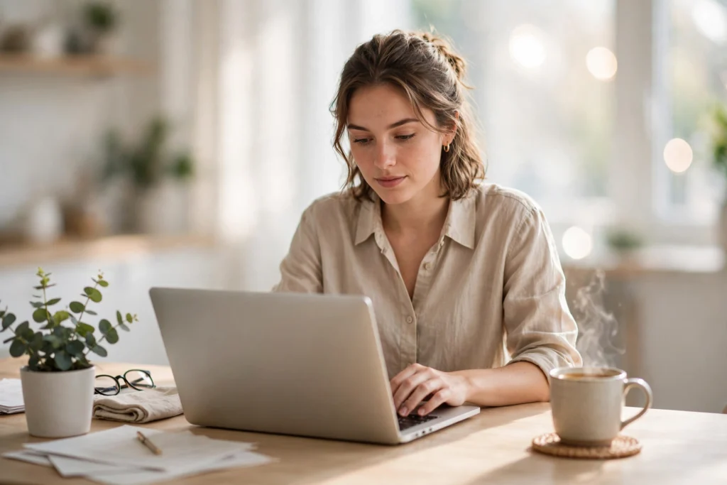 Person starting the workday at a bright desk with laptop and coffee