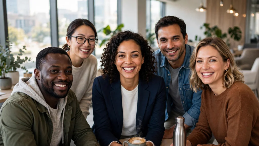 Colleagues smiling during a morning team huddle in a bright office